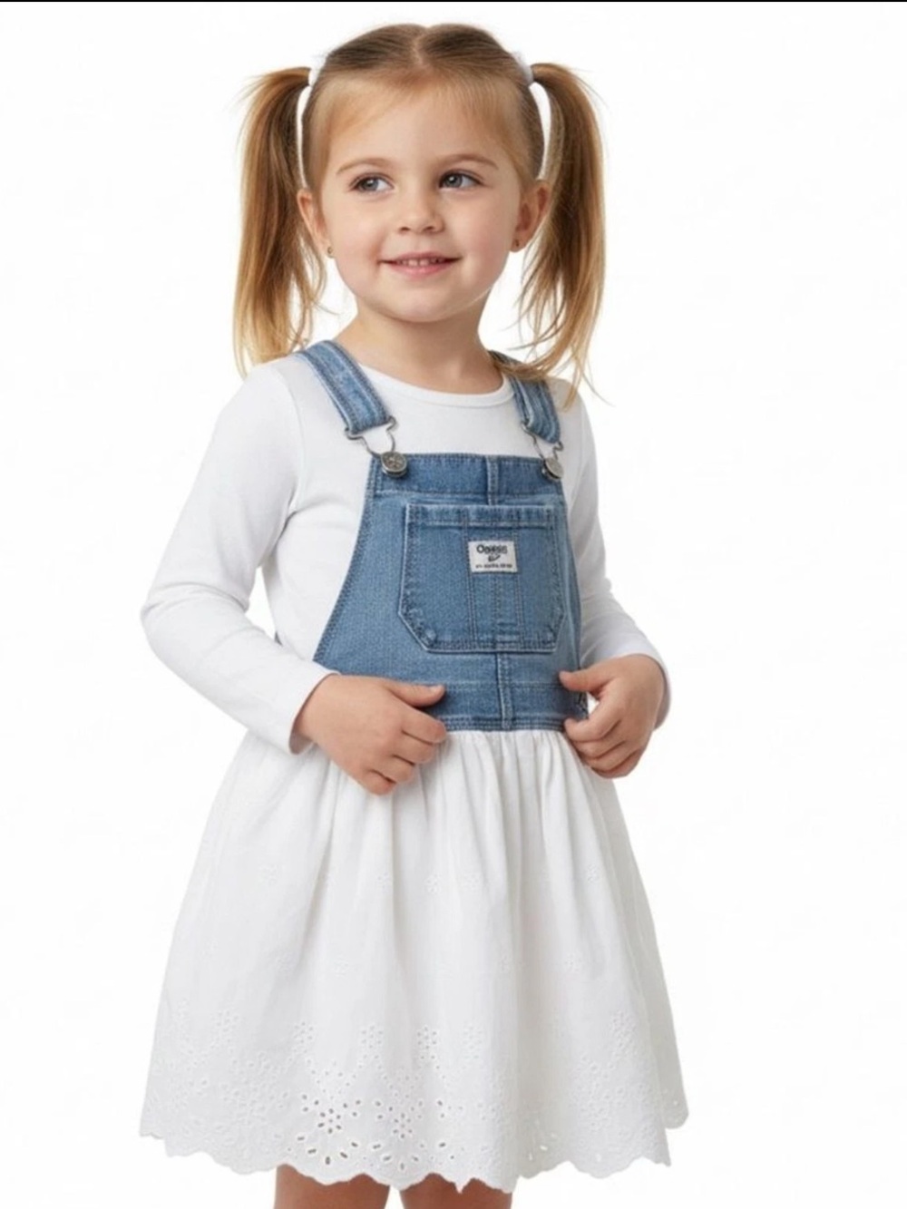 OshKosh B’Gosh Girls Denim Overall Dress with White Eyelet Skirt | Size 4T